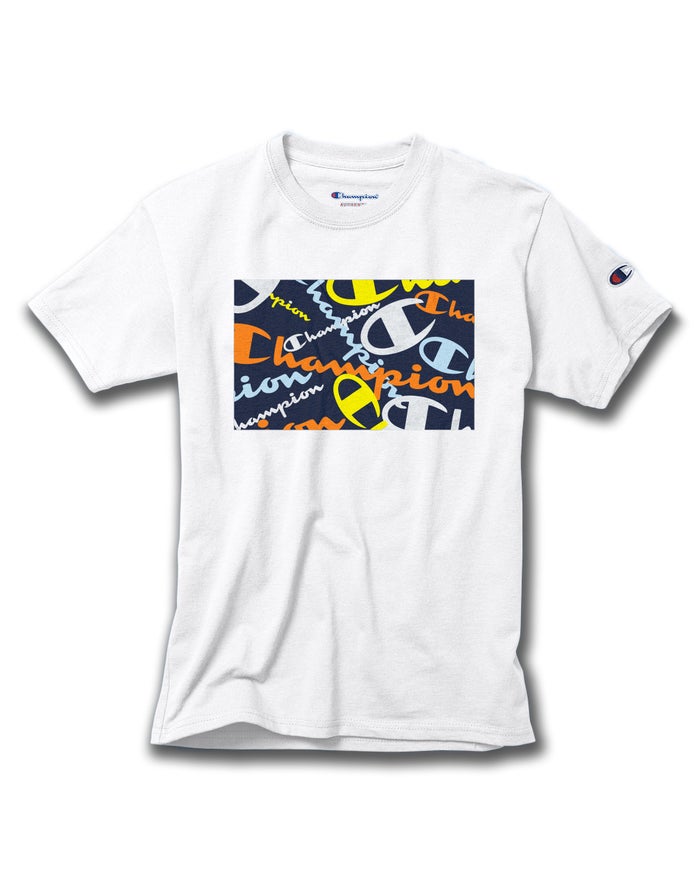 Champion Boys T-Shirt NZ - Cotton Scattered Logos White ( 1246-EZNCM )